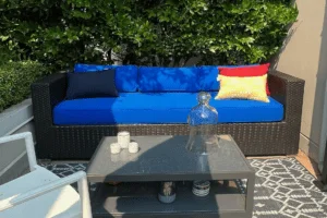 Sofa in Tempotest's Unite Prussian Blue with welting, 5 inch seats and 4 in backs (comfort fill)