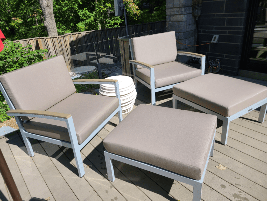 Seats and ottomans in Canvas Taupe, 4in seats and ottomans, 3in backs (foam-filled)